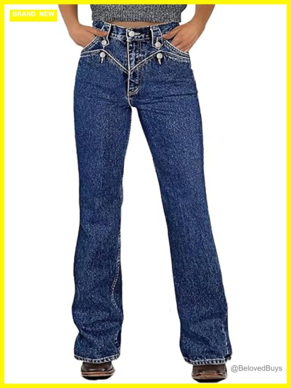 High Rise Vintage Button Decor High Stretch Boot Cut Flare Denim Jeans